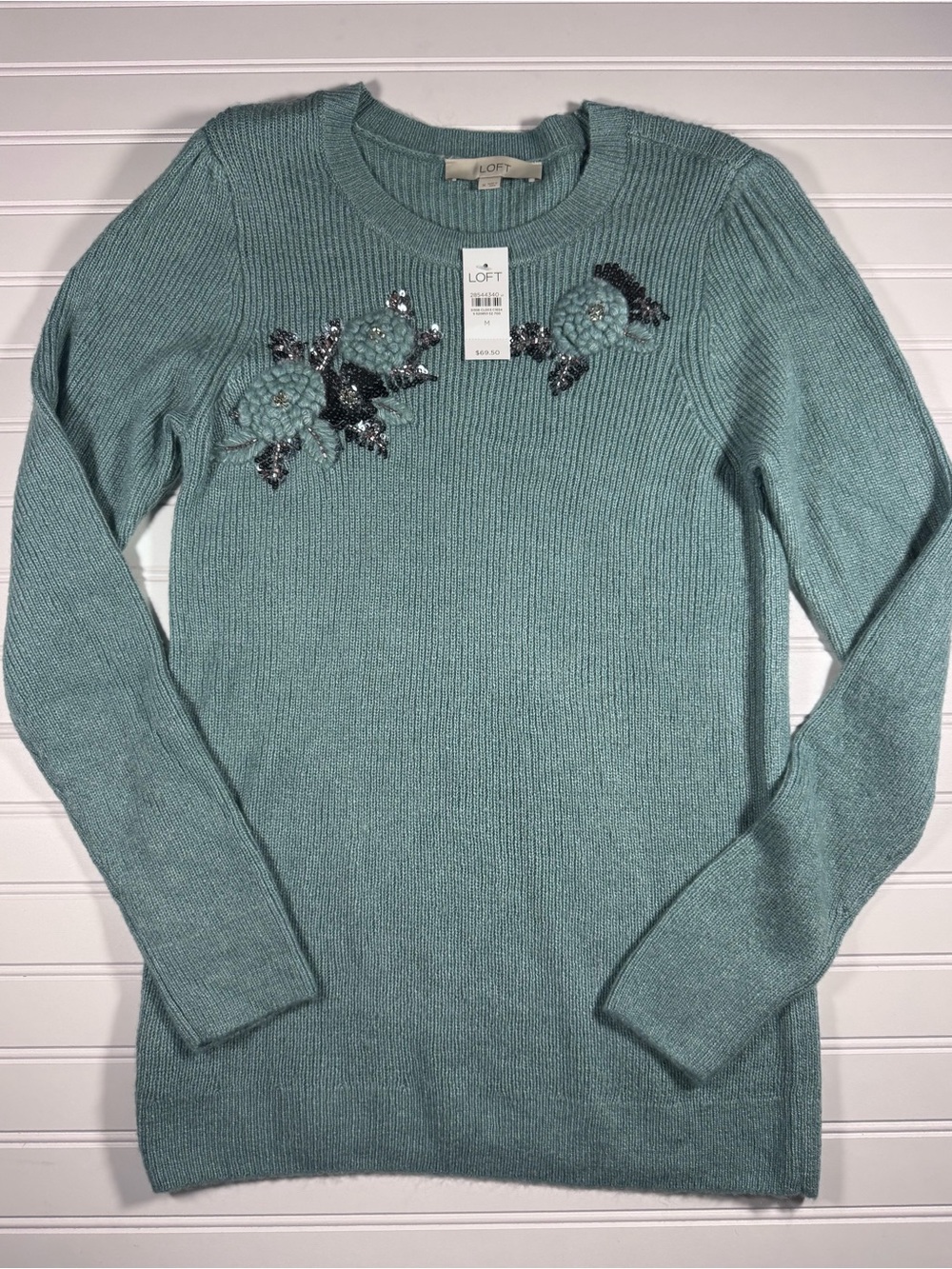 LOFT Mint Green Beaded Floral Rib-Knit Sweater